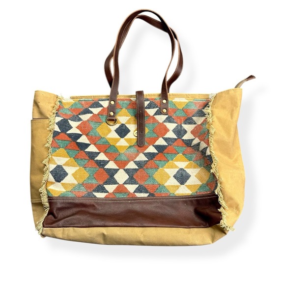 Myra Bag Handbags - Myra Bag Aztec Duffel Tote Canvas Weekender Western Travel Bag Leather Southwest